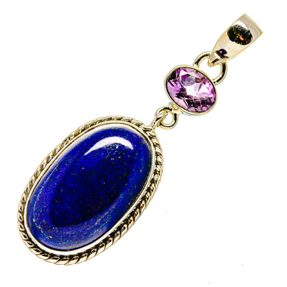 Sterling silver lapis lazuli oval pendant with purple amethyst round stone and bail