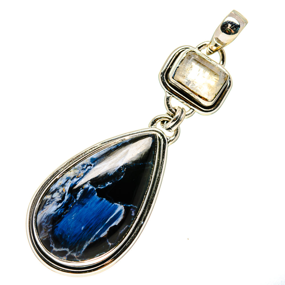 Sterling silver pendant with teardrop blue stone and white square top link