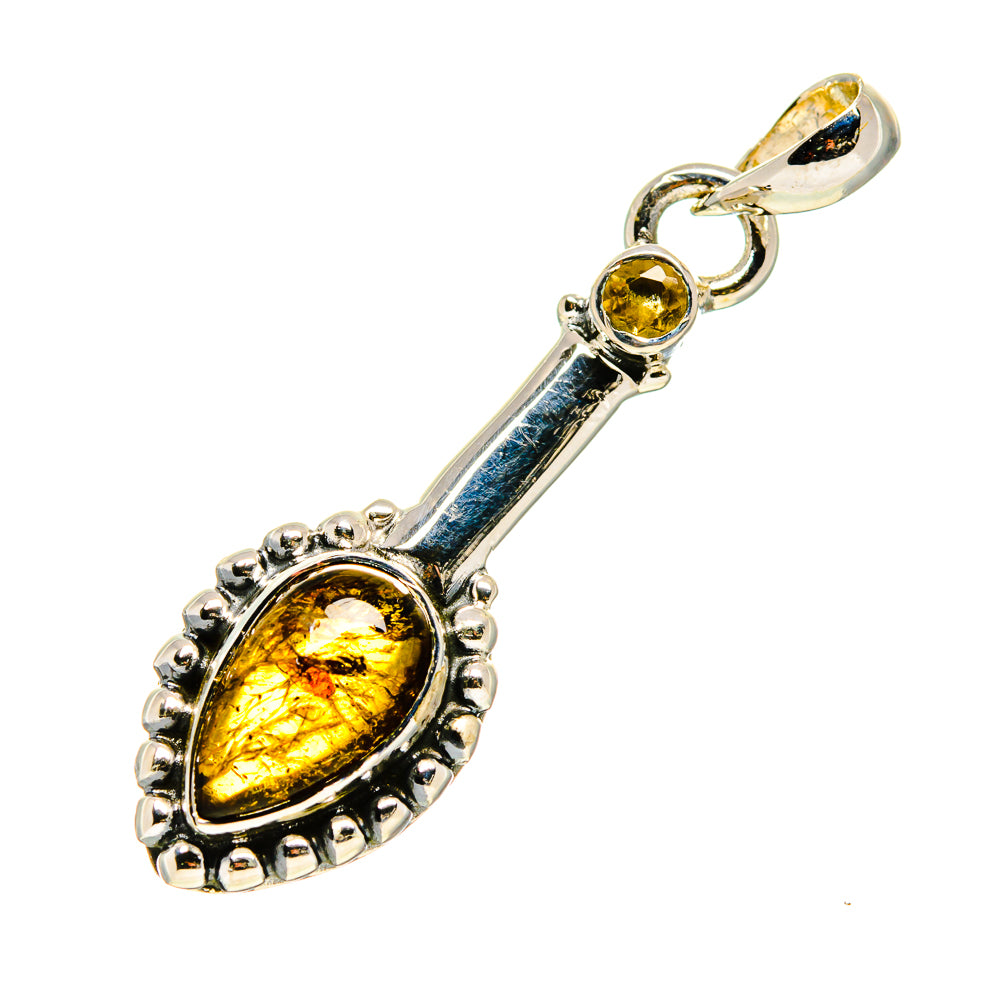 Sterling silver citrine pendant, oval yellow stone with bail and engraved side details