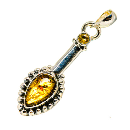 Sterling silver citrine pendant, oval yellow stone with bail and engraved side details