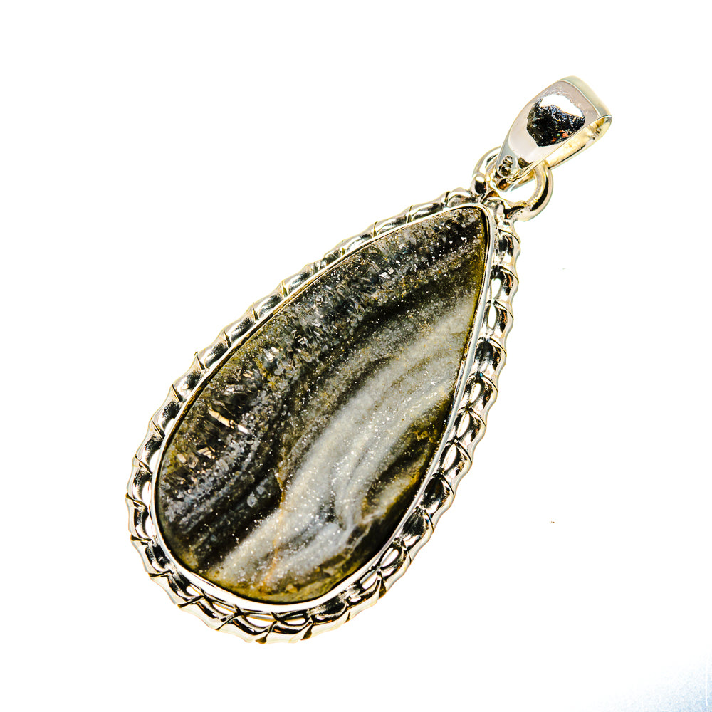 Teardrop druzy pendant in 925 sterling silver, dark gray stone with textured frame.
