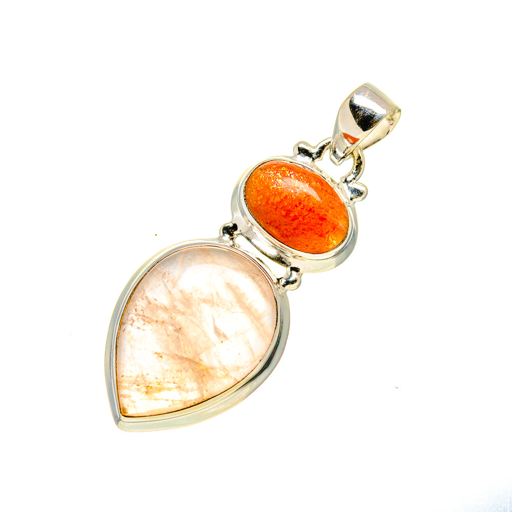 Sterling silver pendant with orange sunstone and light rose quartz teardrops