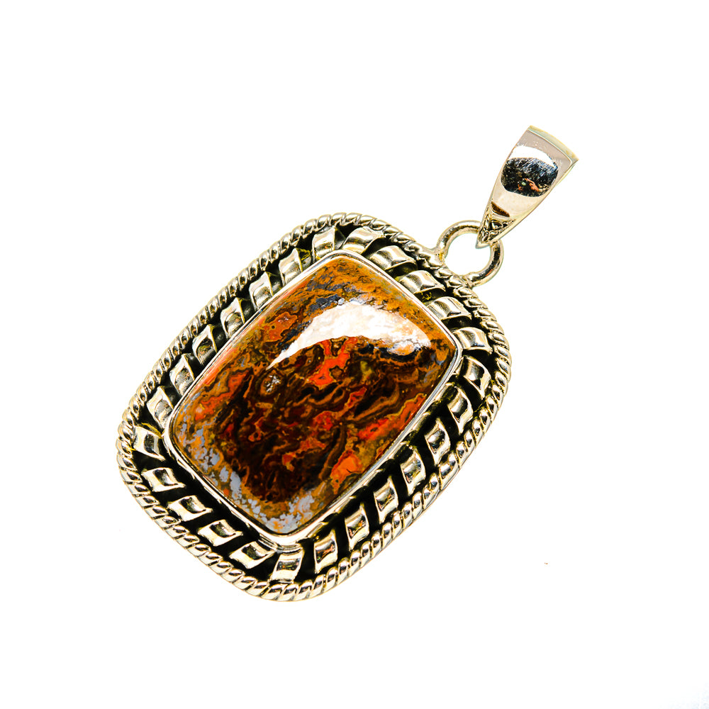 Moroccan agate pendant with orange-brown veined stone, ornate silver-tone bezel and bail