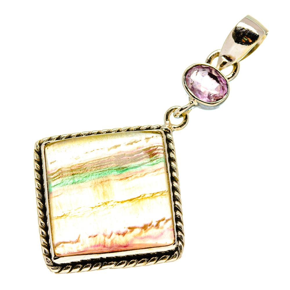 Sterling silver gemstone pendant with square iridescent stone and round light purple amethyst