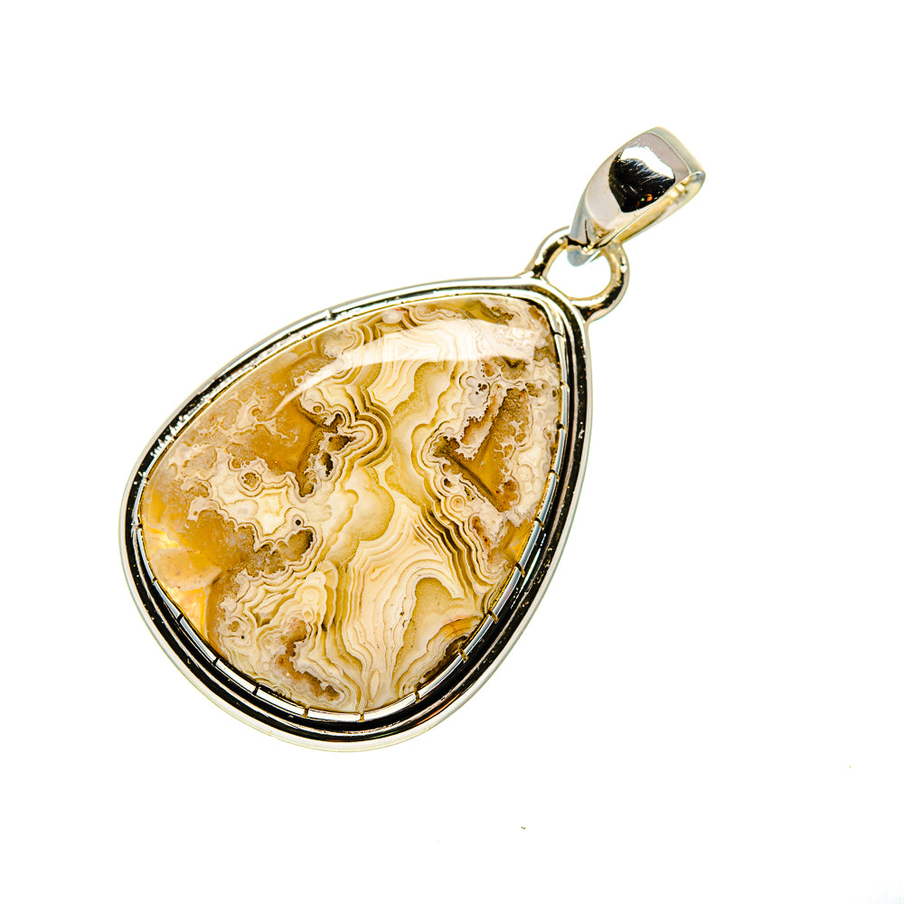 Sterling silver teardrop agate pendant with gold-and-cream lace pattern and bail