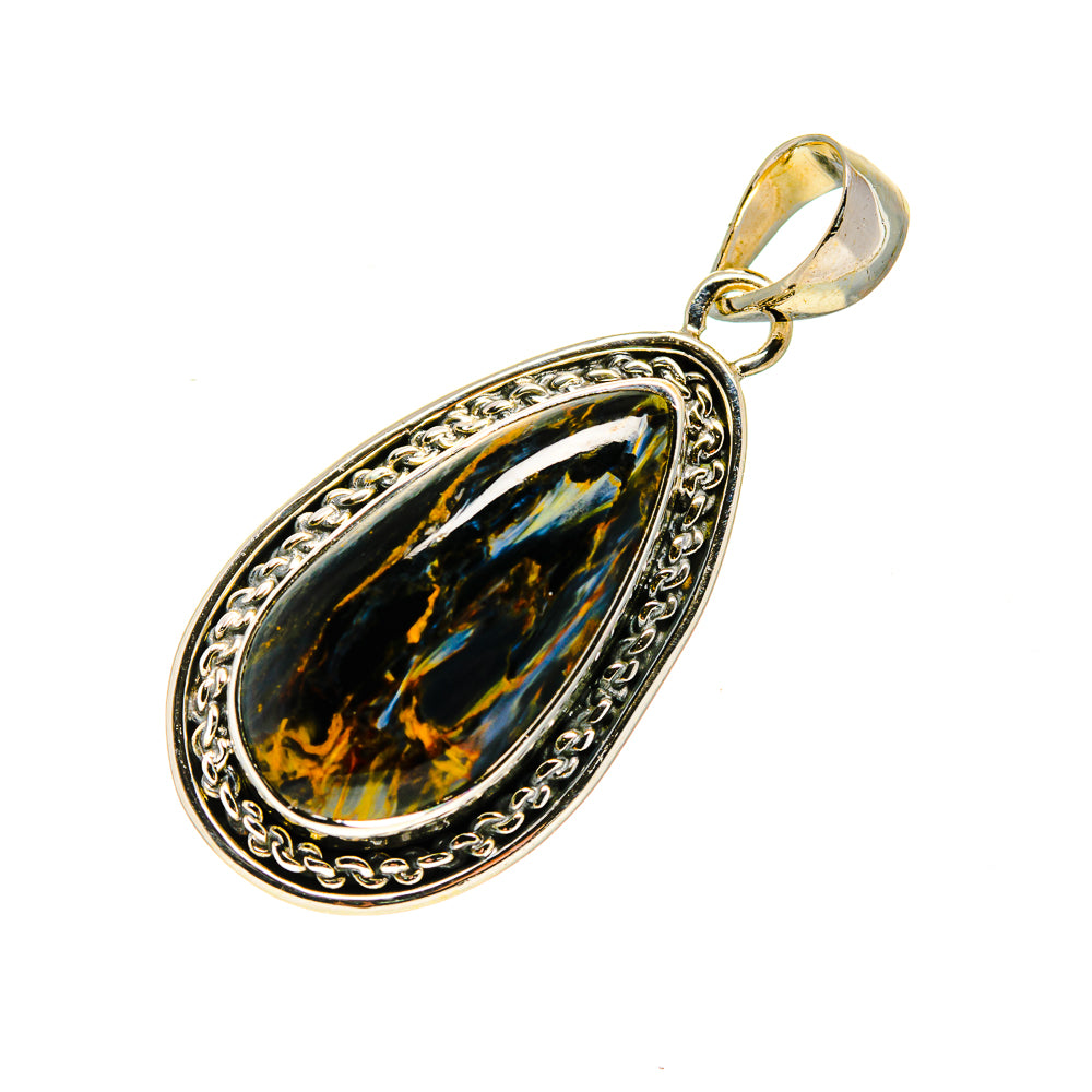 Pietersite teardrop pendant in 925 sterling silver with ornate rope bezel
