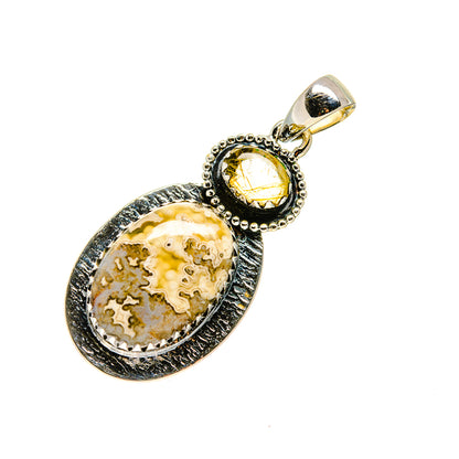 Sterling silver pendant with oval jasper and yellow quartz cabochon, detailed bezel