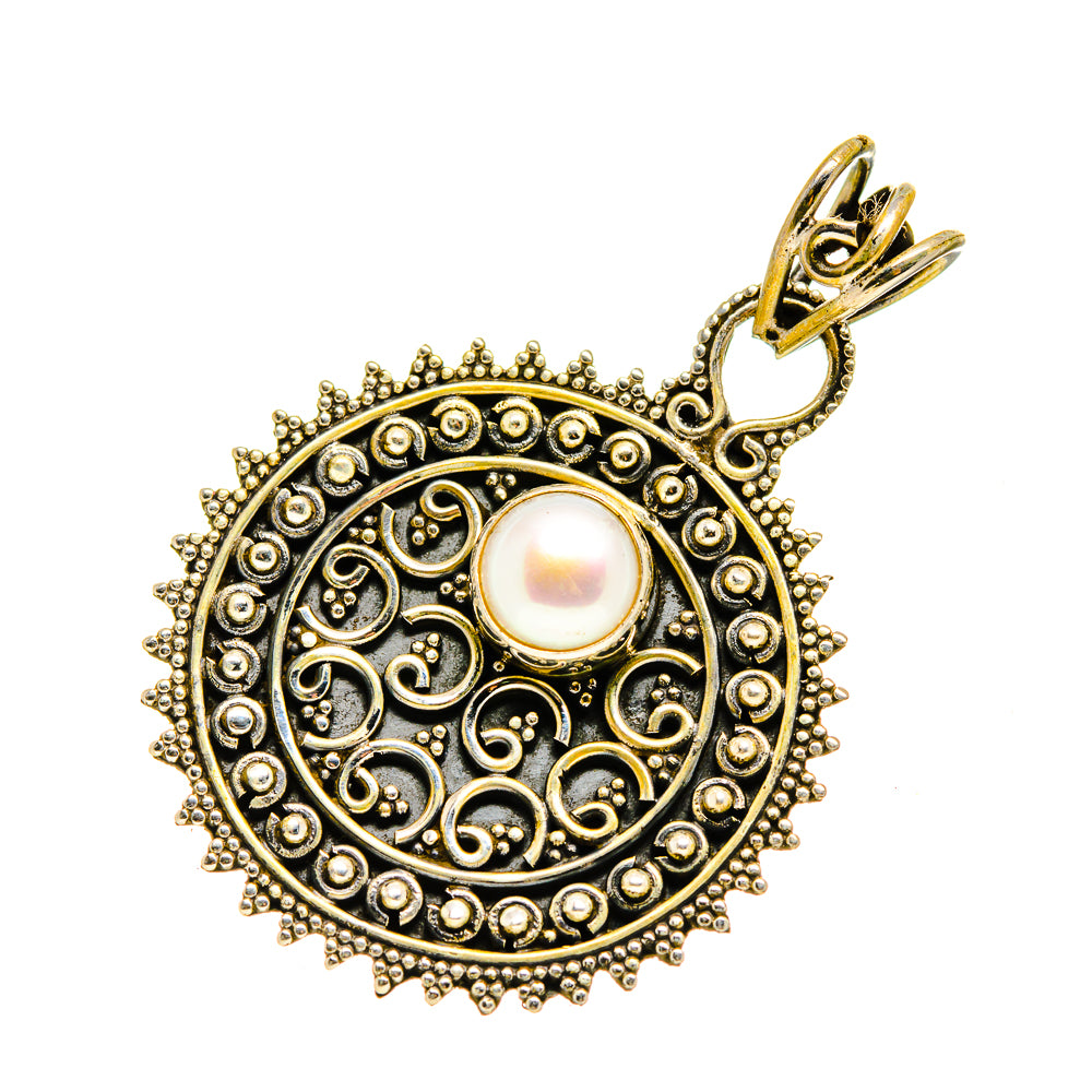 Cultured pearl pendant, round filigree blackened silver frame with white pearl and bail