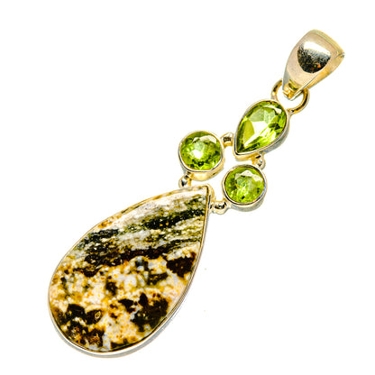 Sterling silver teardrop pendant with ocean jasper slice and multiple green peridot stones