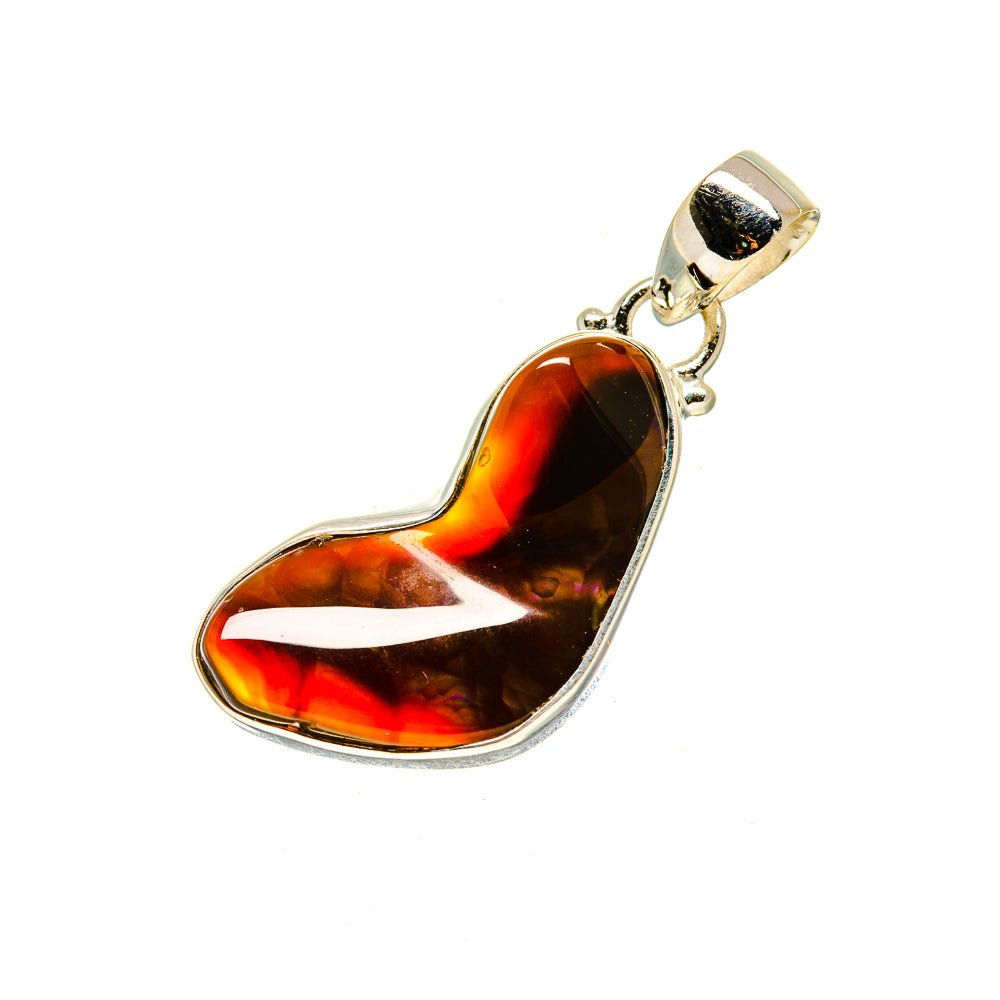 Heart fire agate pendant with warm red and amber swirls, sterling silver bail