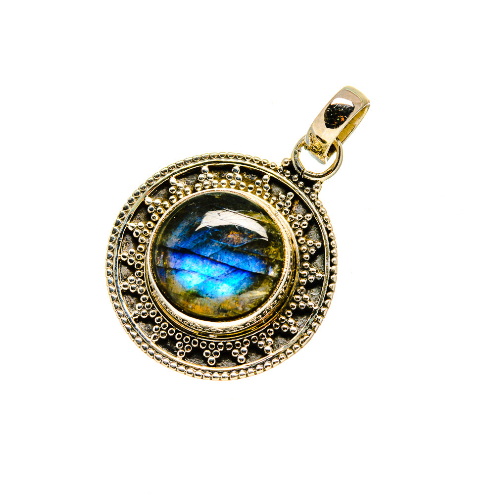 Round labradorite pendant in ornate sterling silver frame with hinged bail, blue flash