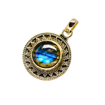 Round labradorite pendant in ornate sterling silver frame with hinged bail, blue flash