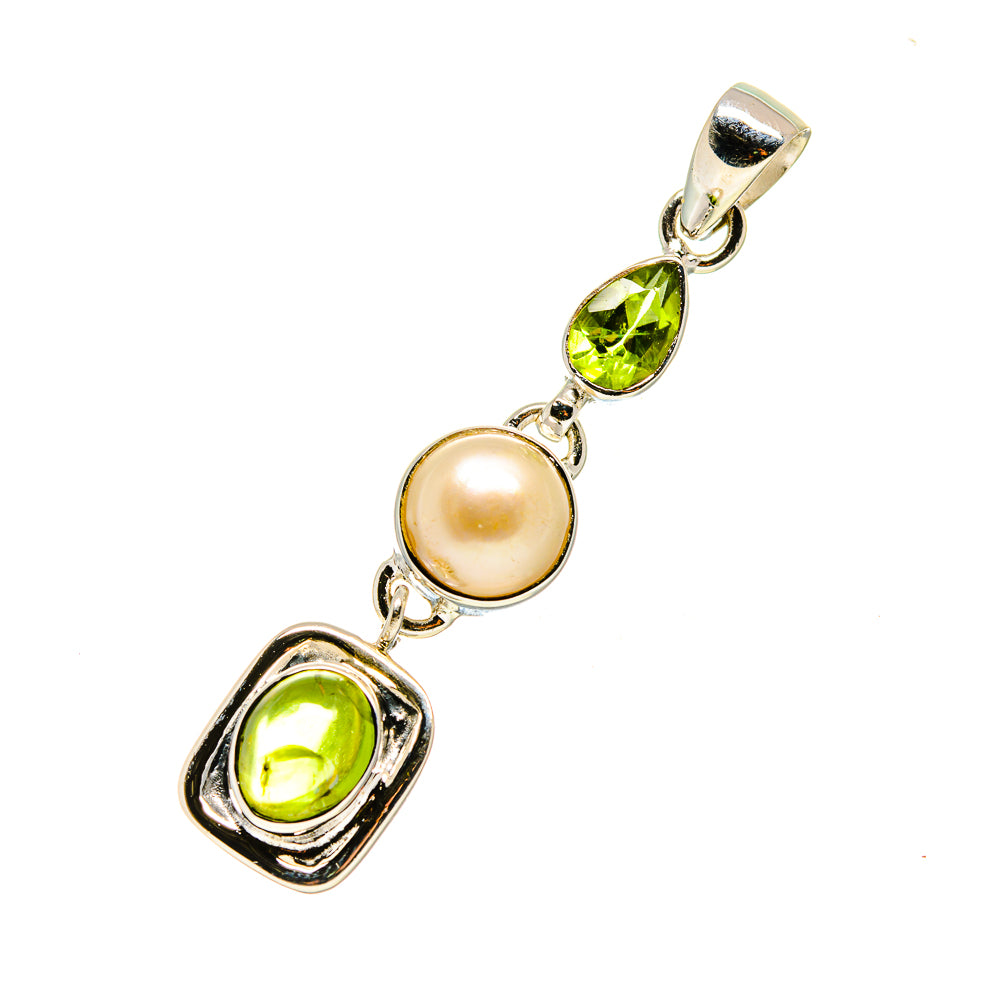 Sterling silver peridot and cultured pearl pendant with two green stones