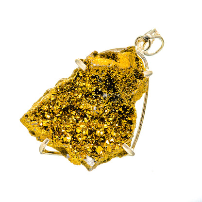 Gold druzy pendant with open bail and silver prong edges, irregular crystal surface