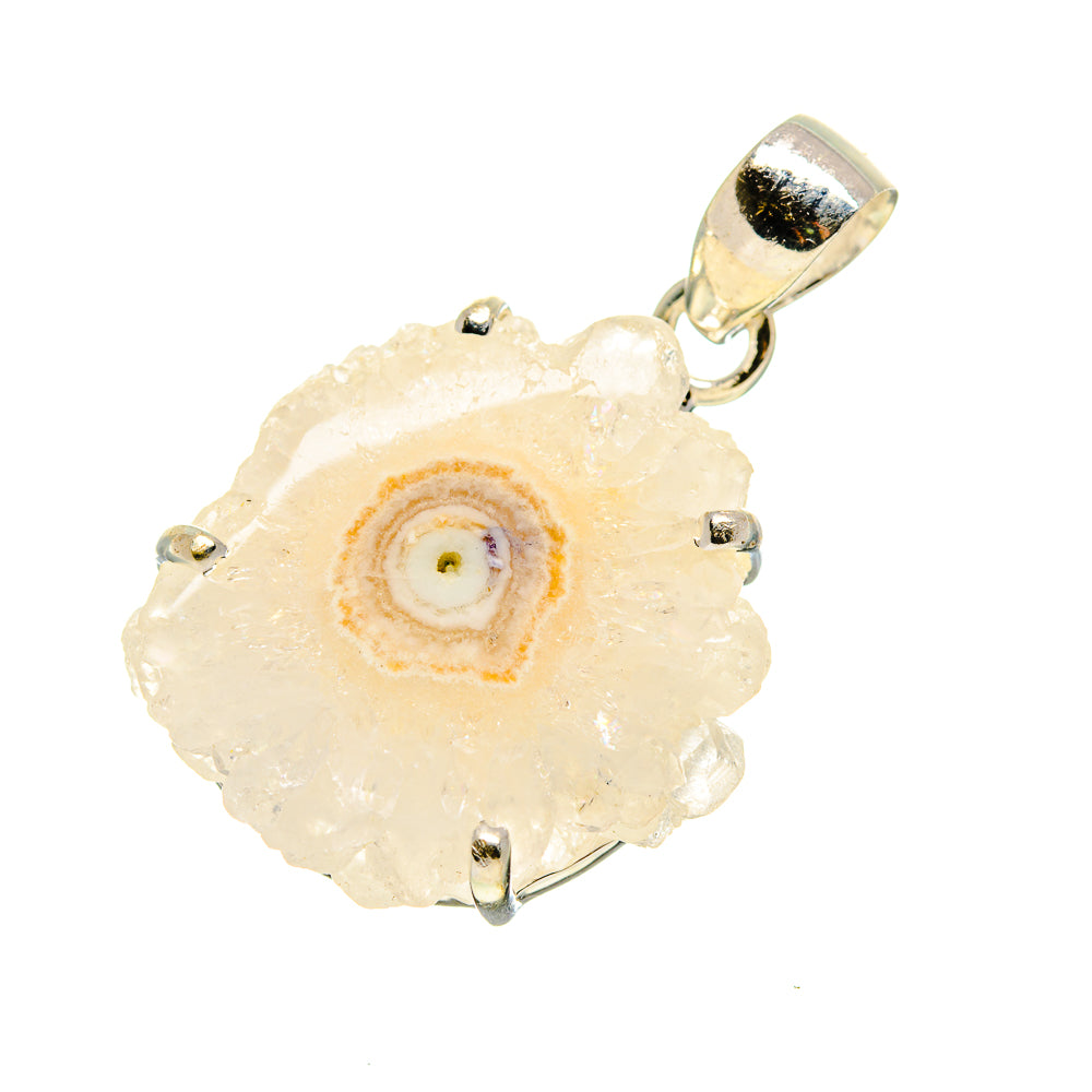 White solar quartz pendant with silver prong bezel and loop bail