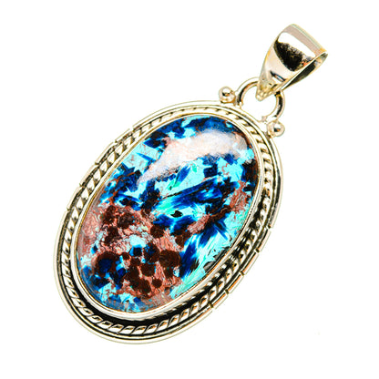 Oval shattuckite pendant, 925 sterling silver bezel, blue stone with copper matrix