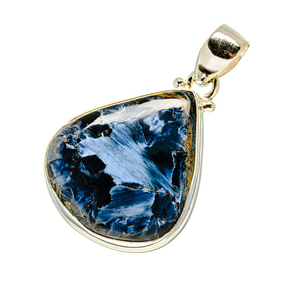 Teardrop pietersite pendant with blue-black marbled stone set in 925 silver bail