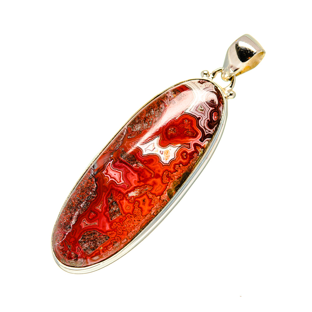 Crazy lace agate pendant with oval red patterned stone in 925 silver bezel
