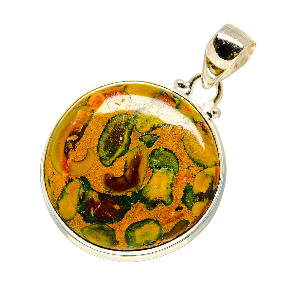 Round jasper stone pendant with polished silver bezel, green and orange rainforest pattern
