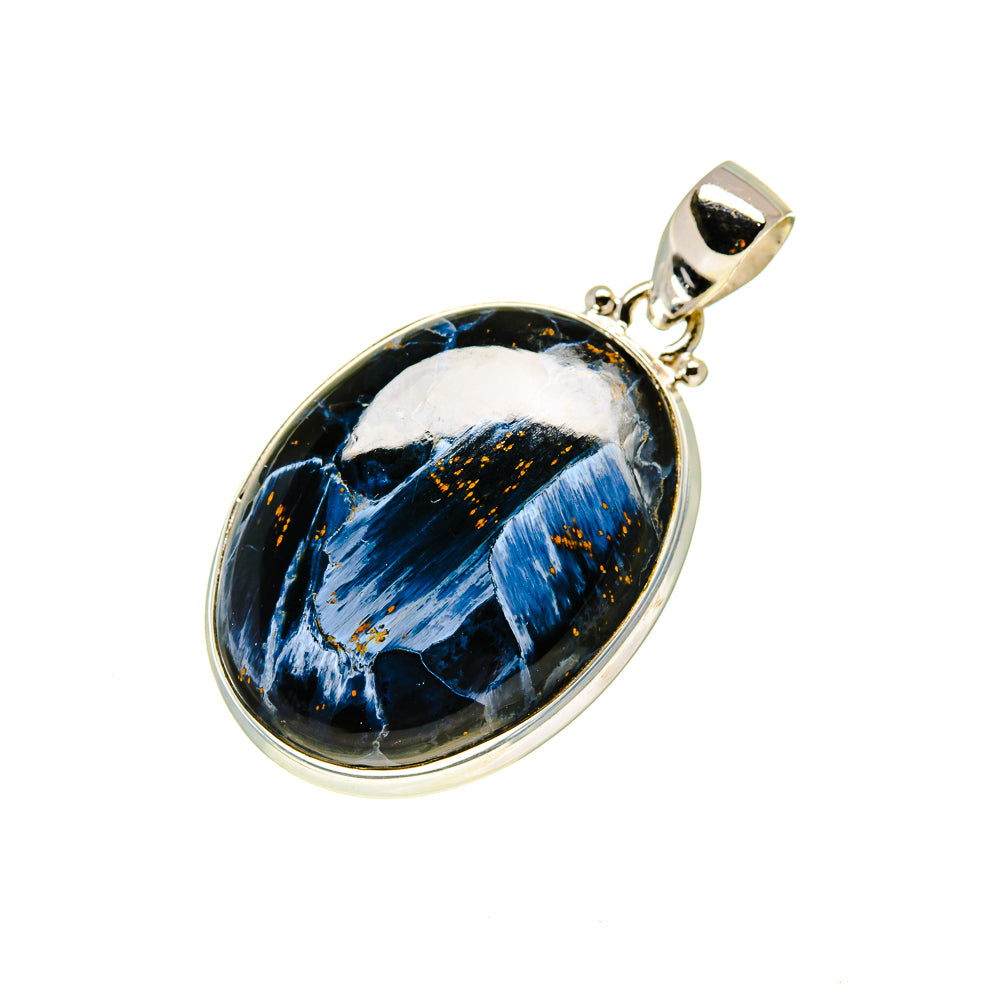 Pietersite pendant with oval blue-black stone and silver bail, 925 sterling