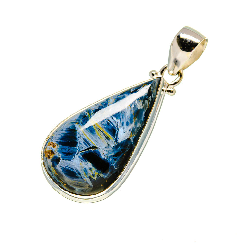 Sterling silver teardrop pendant with blue pietersite stone, open top bail