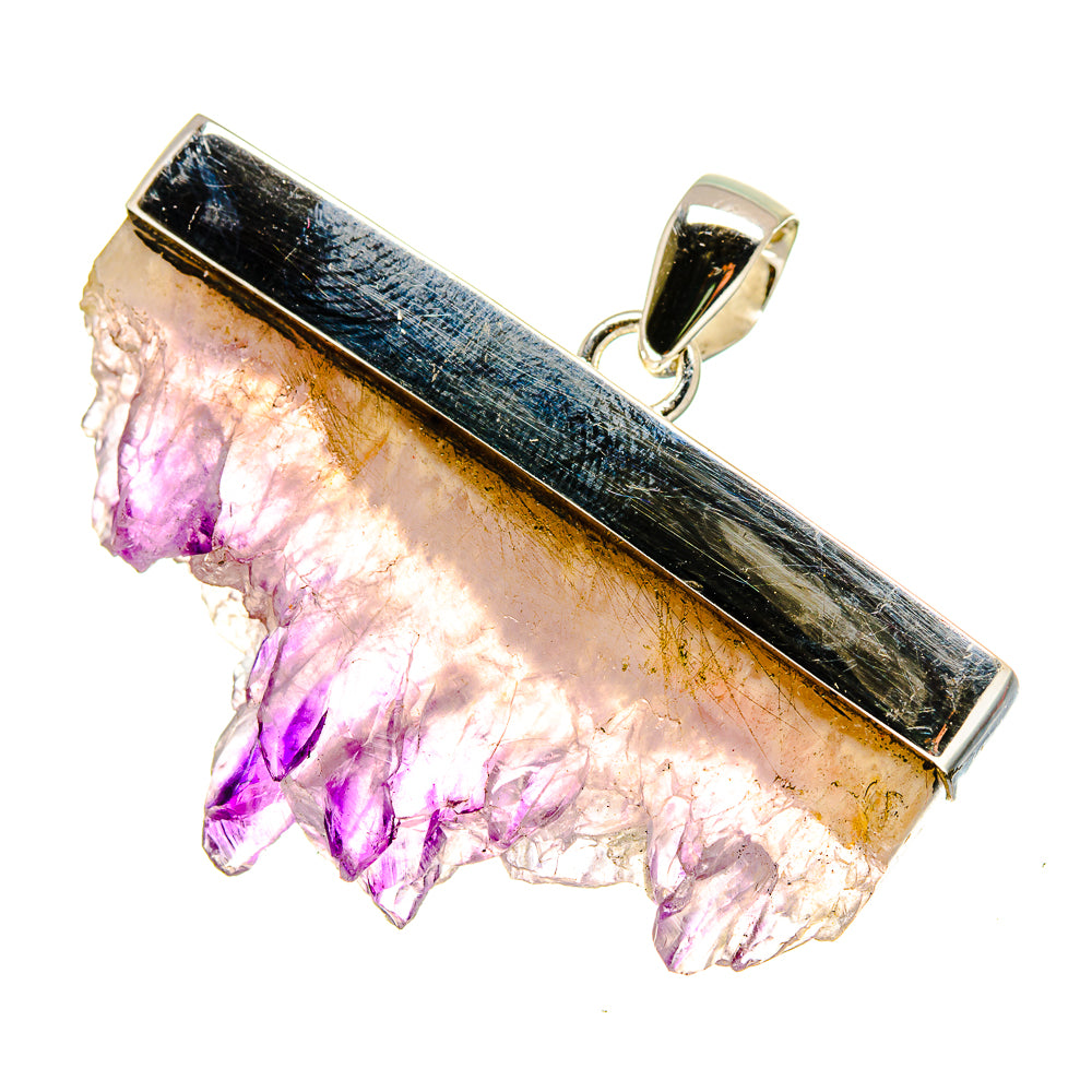 Amethyst stalactite pendant with long purple crystal points in silver frame