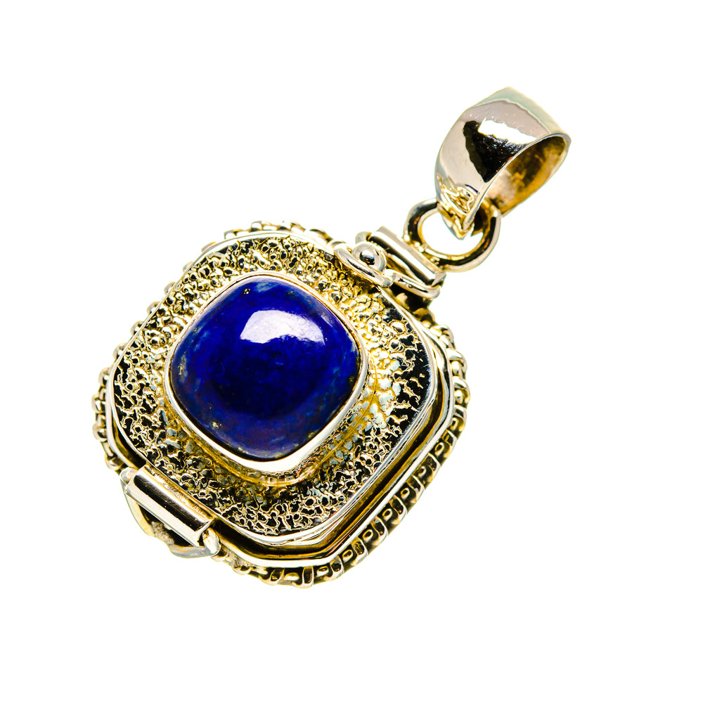 Ornate gold-tone sterling silver pendant with square lapis blue gemstone and bail