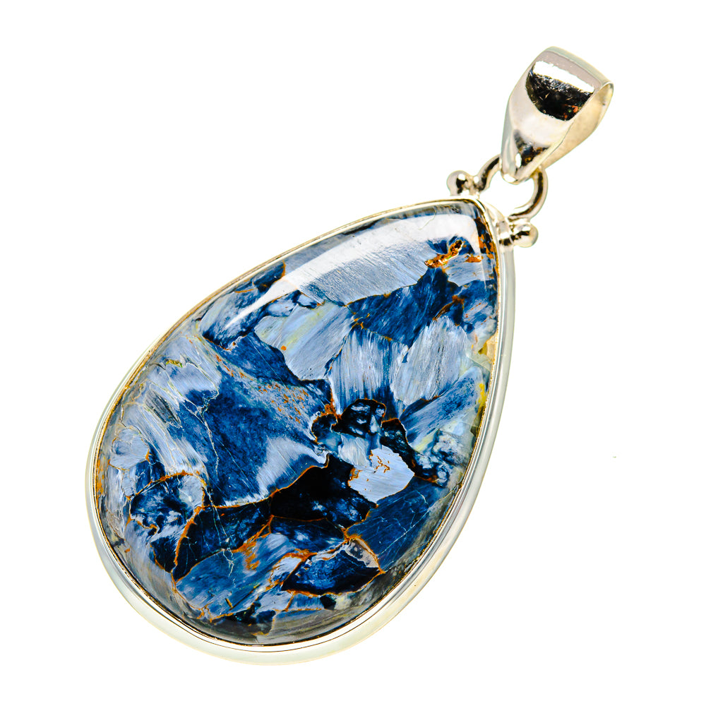Teardrop pietersite pendant in silver bezel, blue stone with gold veins and open bail