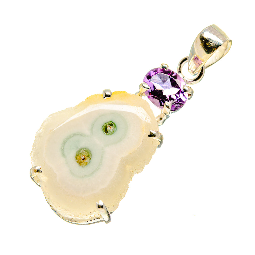 Amethyst solar quartz pendant with white quartz slice and purple amethyst accents