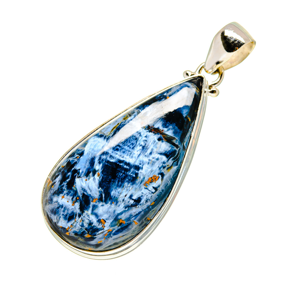Sterling silver pietersite teardrop pendant with gold-toned bail, blue stone