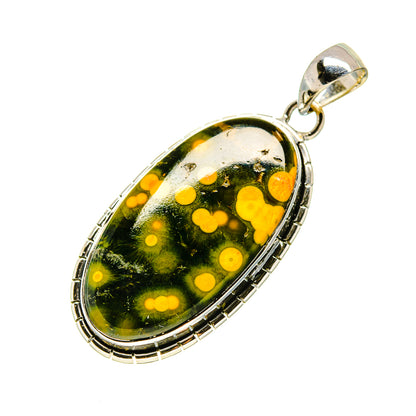 Oval ocean jasper pendant with green and yellow stone, 925 silver bezel and bail.