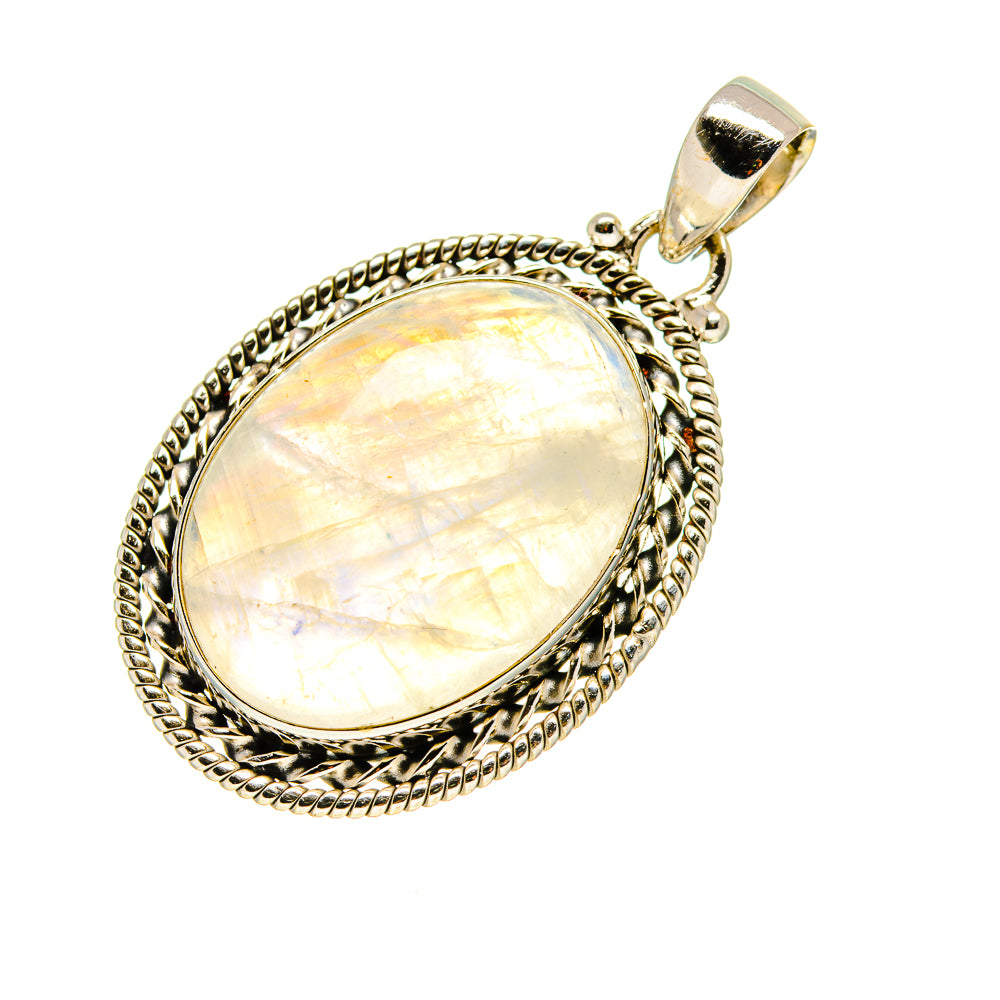 Oval rainbow moonstone pendant with rope border and gold-toned bail