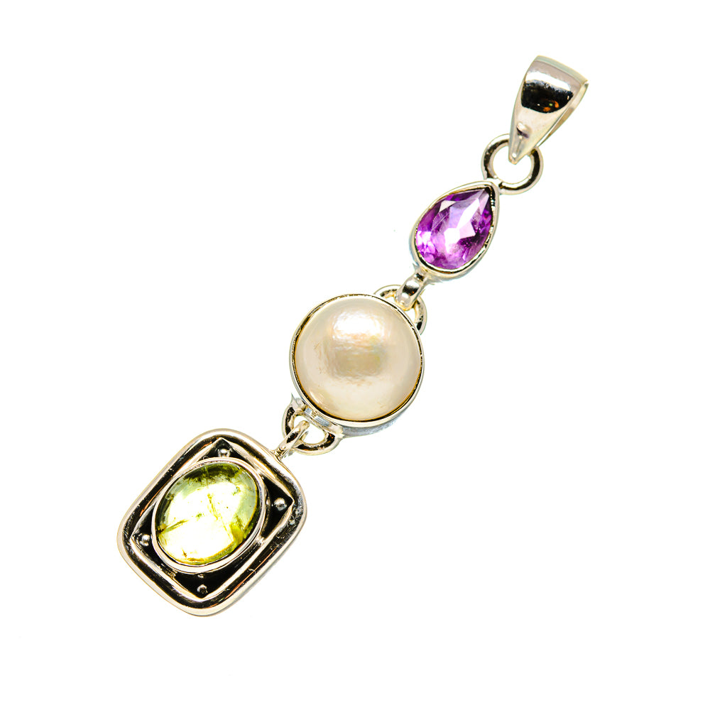 Sterling silver gemstone pendant with cultured pearl, amethyst, and peridot