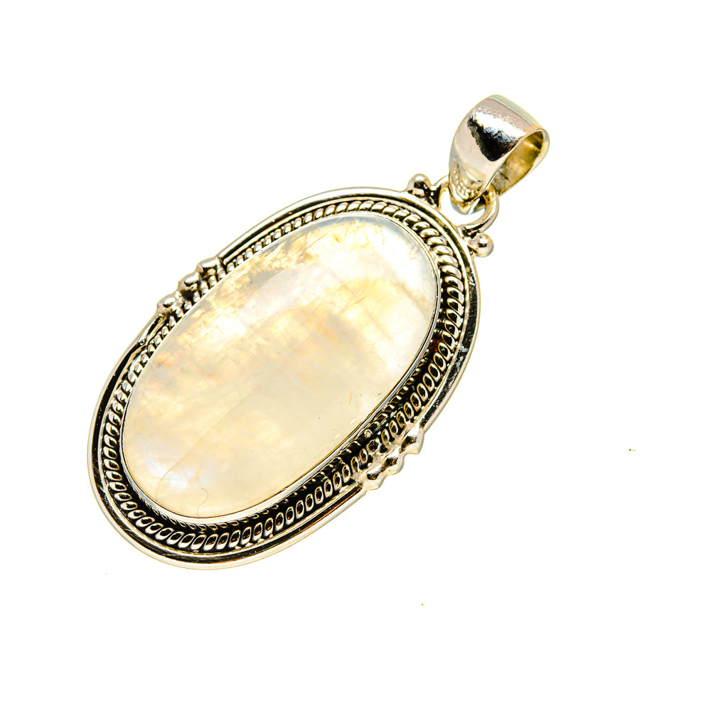 Oval moonstone pendant in silver setting with bail, bezel border detail