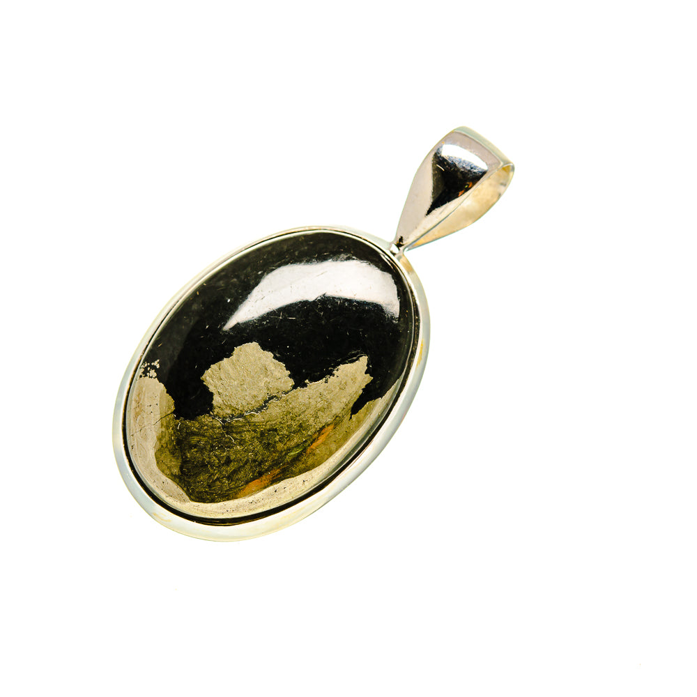 Oval black gemstone pendant in sterling silver bezel with gold flecks and bail loop
