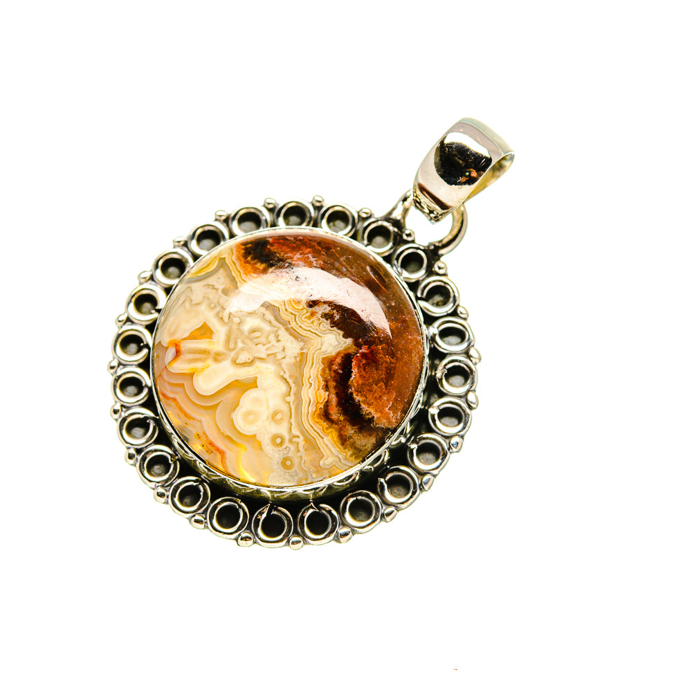 Round lace agate pendant in 925 sterling silver, oval cabochon with brown bands