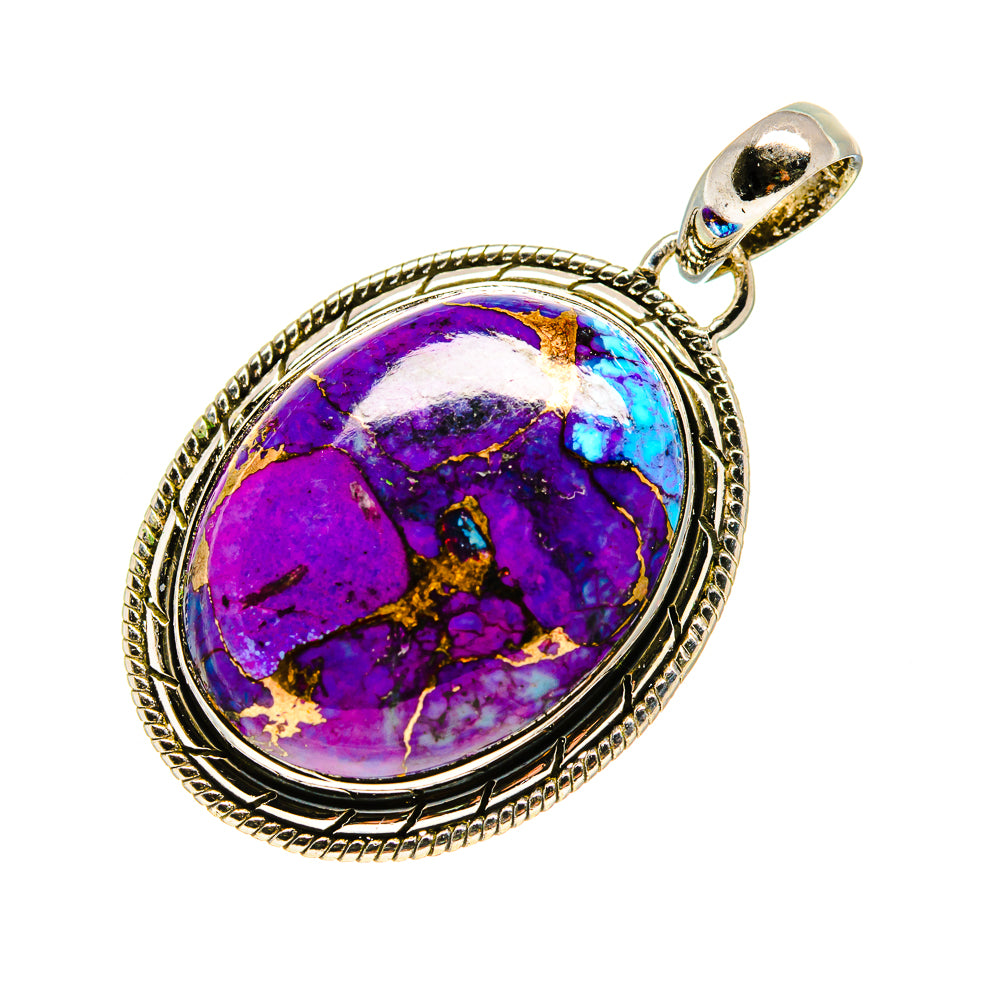 Oval purple turquoise pendant with textured silver rim and loop bail, purple-blue stone.
