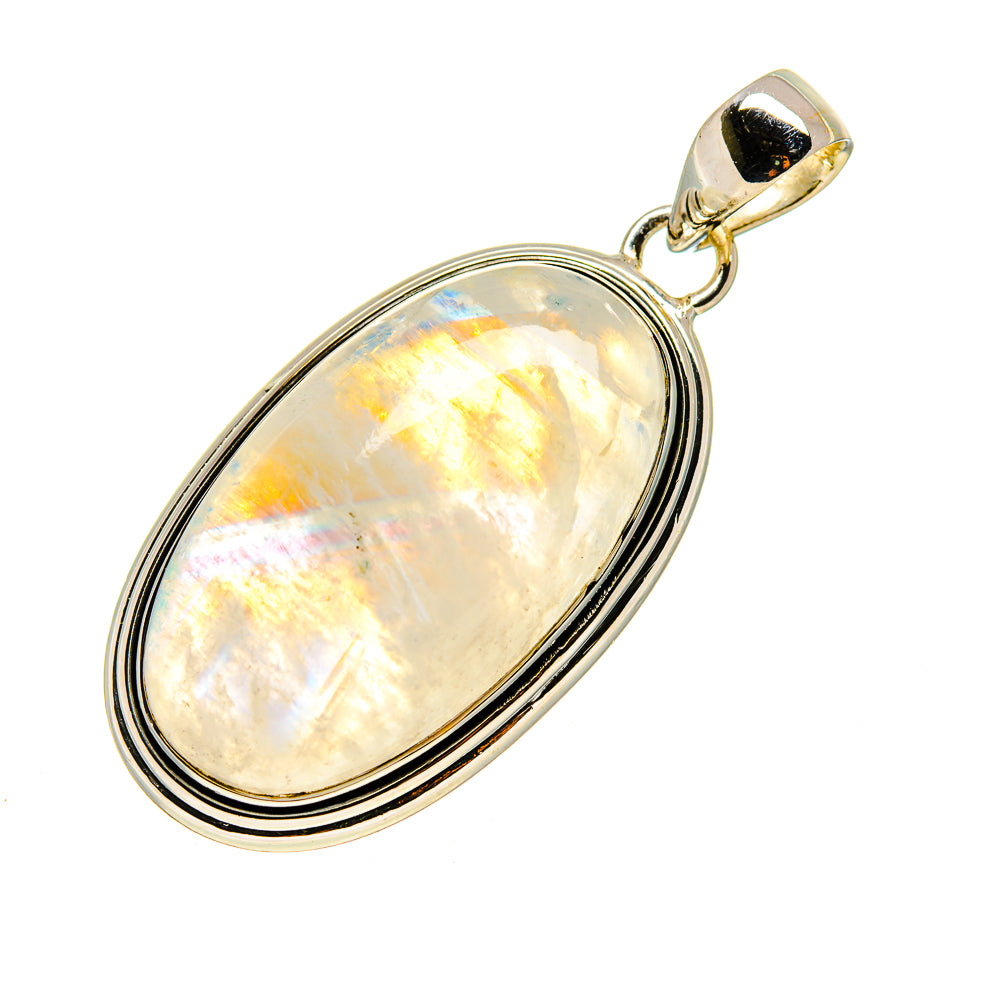 Oval moonstone pendant with polished silver border and top loop bail, opalescent glow
