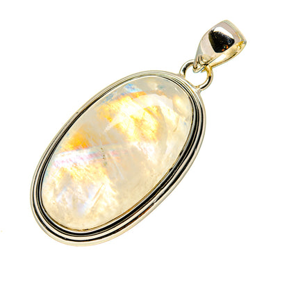 Oval moonstone pendant with polished silver border and top loop bail, opalescent glow