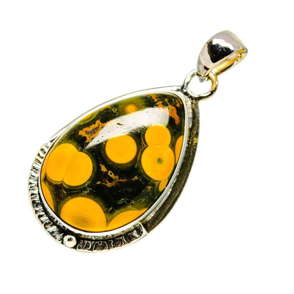 Sterling silver ocean jasper teardrop pendant with yellow orange speckles and bail