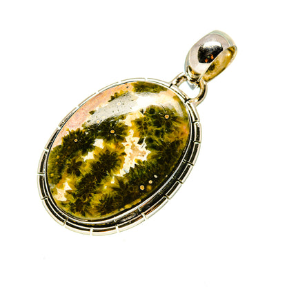Oval jasper pendant, green and gold speckled cabochon, sterling silver bezel and loop