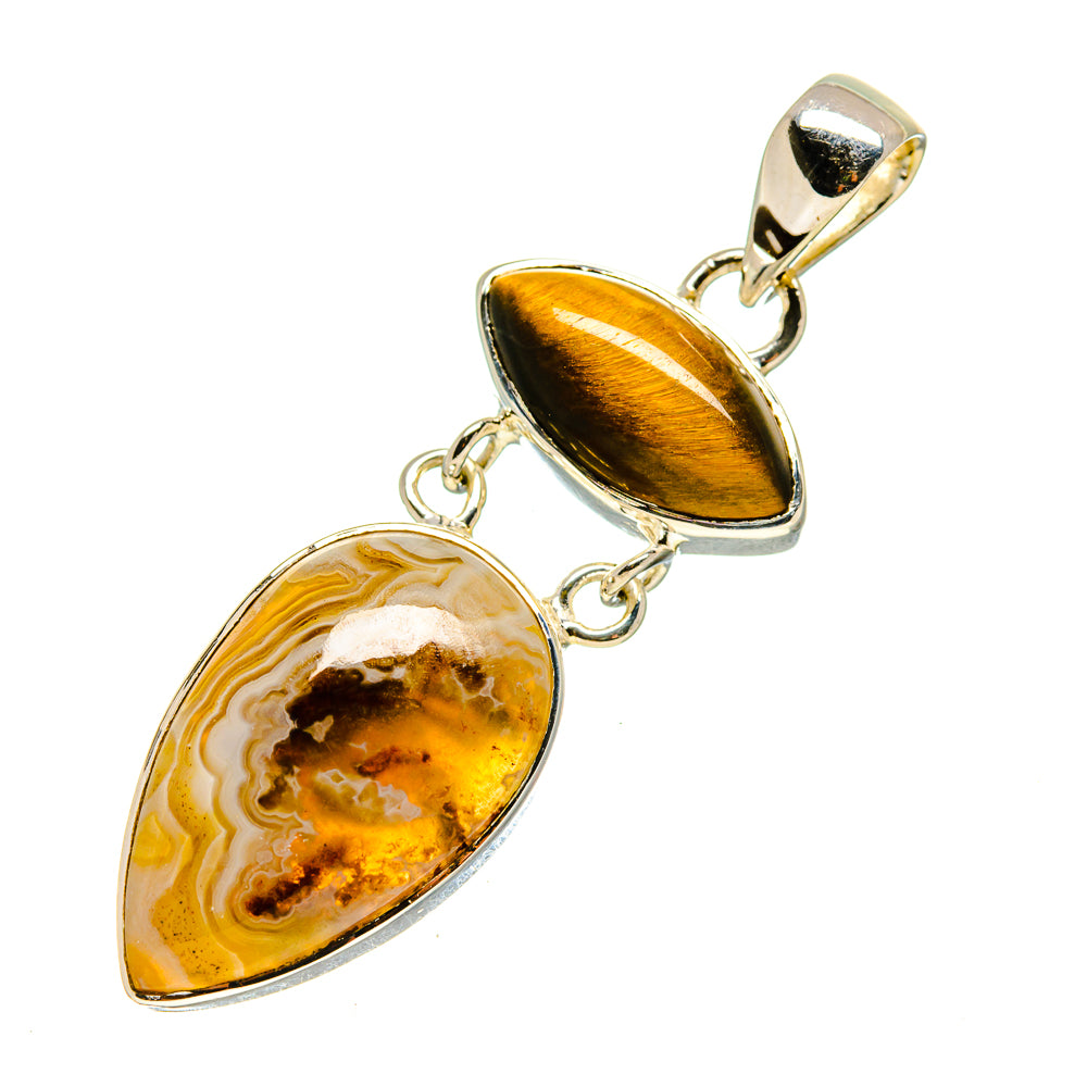 925 sterling silver double teardrop pendant with tiger eye and agate stones