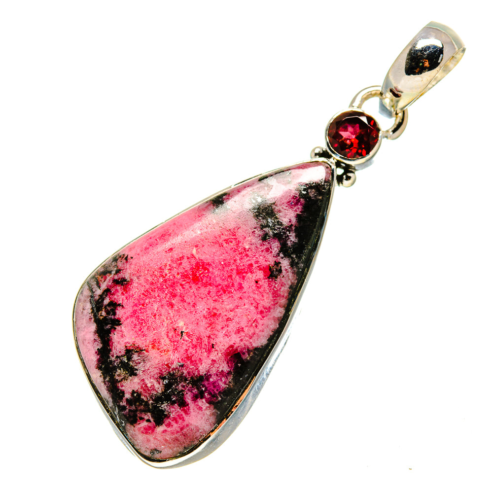 Sterling silver rhodonite pendant with large teardrop stone and round red top gemstone