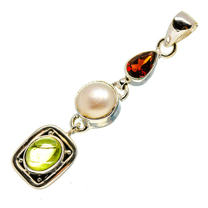 Sterling silver pendant loop with white cultured pearl, green peridot, red garnet
