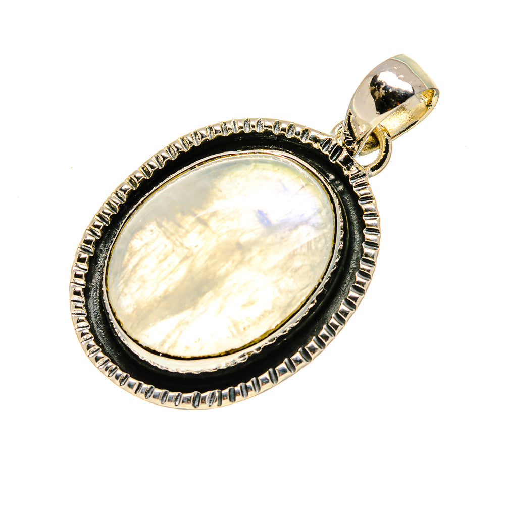 Oval moonstone pendant with silver bezel, textured frame, and gold-toned bail