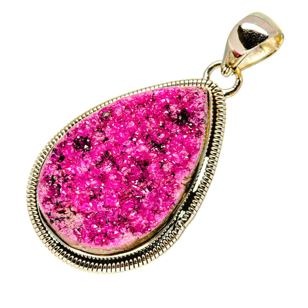 Pink druzy calcite teardrop pendant with 925 sterling silver setting and bail
