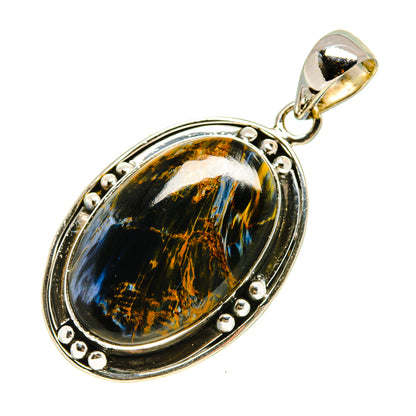 Sterling silver oval pendant with polished oval pietersite stone and curved bail