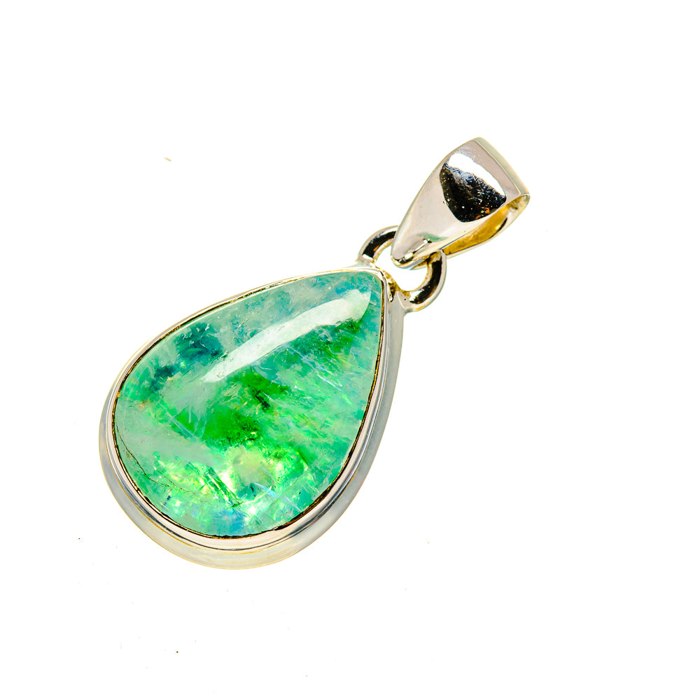 Green moonstone pendant, teardrop cabochon in sterling silver with gold-tone bail