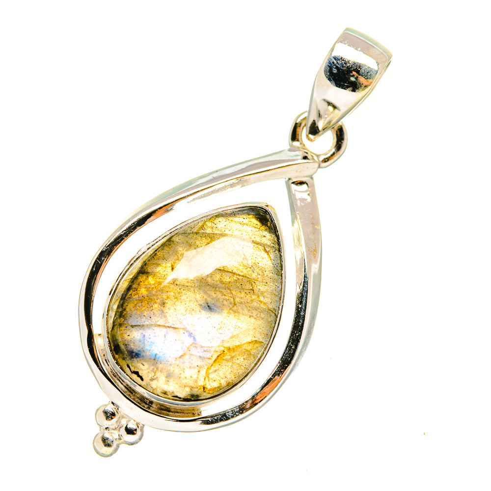 Labradorite pendant in 925 sterling silver teardrop with yellow-gold and blue flash bail