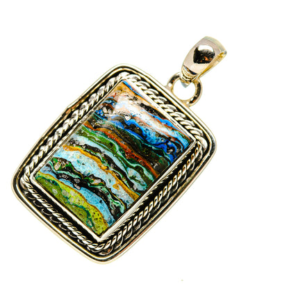 Silver rectangular pendant with multicolor striped cabochon and rope-style frame, round bail